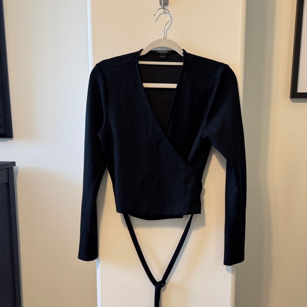 Scotch & Soda Black Wrap-Front Long-Sleeve Top with Waist Ties
